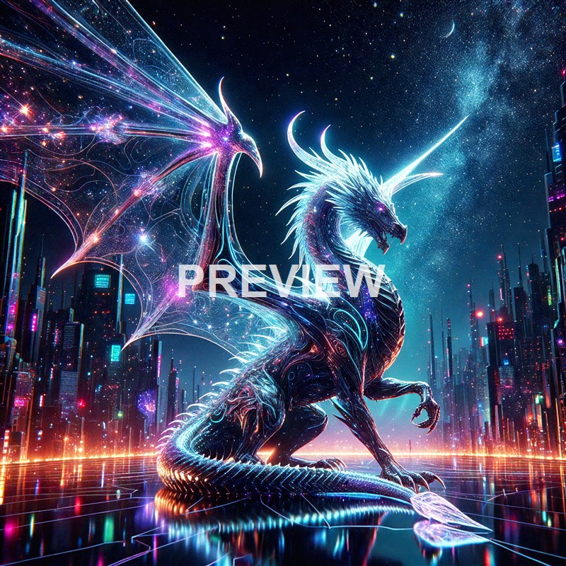 A luminous, futuristic depiction of a dragon with glowing, intricate details, standing on a reflective surface amid a cityscape with tall, illuminated buildings under a starry night sky and a visible Milky Way.